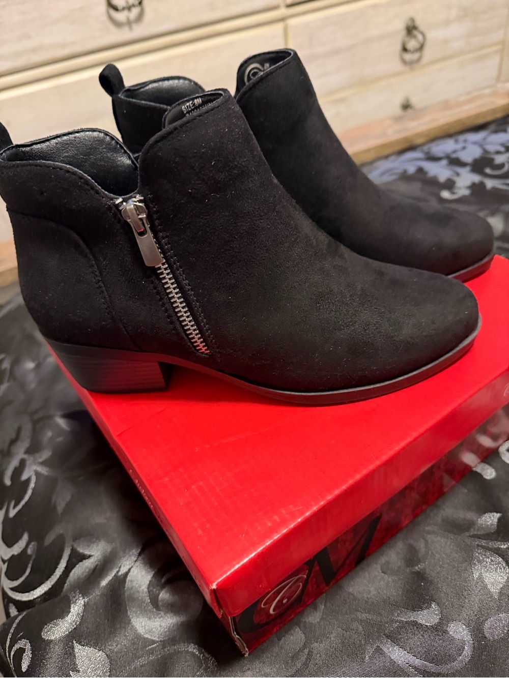 Women's Black Suede-Look Ankle Booties with Side Zip